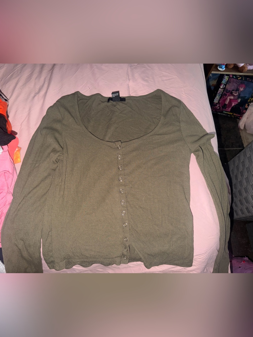 Olive Green Ribbed Button-Front Long Sleeve Top